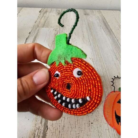Jack-o-lantern pumpkin beaded ornament plush glitter set Halloween tree - Picture 2 of 7